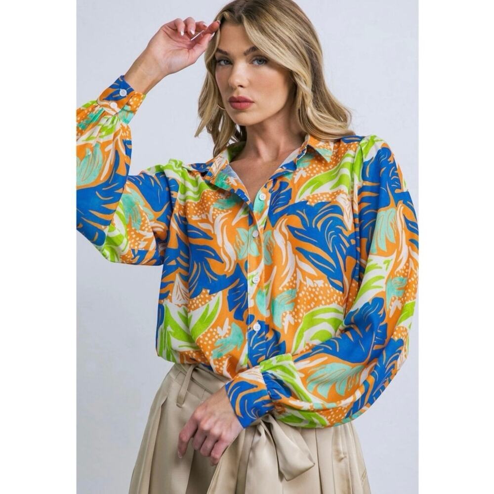 Flying Tomato Tropical Print Blouse Balloon Sleeve Maximalist Resort Top M